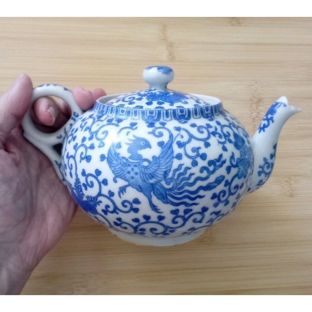 Vintage Blue White Phoenix Teapot Tea Pot Japan 8x5
